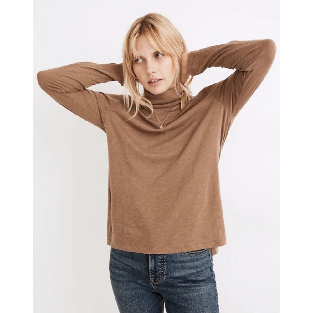 Madewell Whisper Cotton Turtleneck Tee Toffee Carmel Size S Preppy Minimal Plain